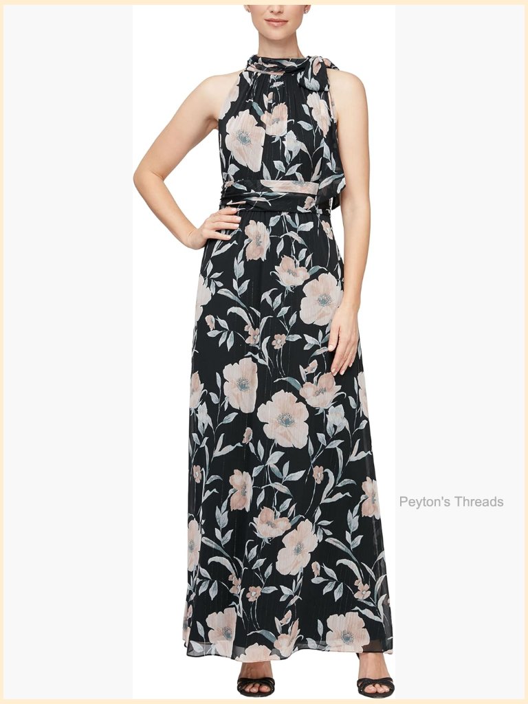 Sleeveless Floral Maxi Dress With Tie Neck - A-Line